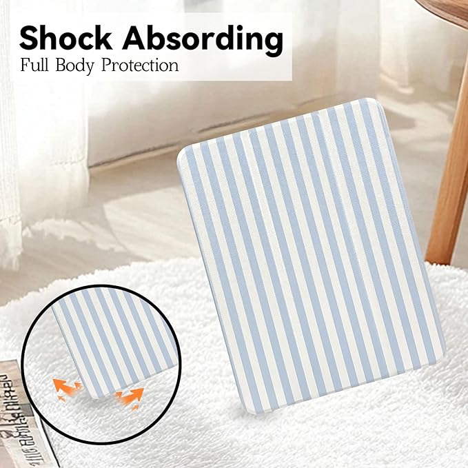 Lovmooful Compatible for iPad 5/6 (9.7-Inch,2018/2017 Model,6th/5th Generation) Case with Pencil Holder Cute Striped with Aesthetic Design Soft TPU Trifold Stand Protective-Blue&White