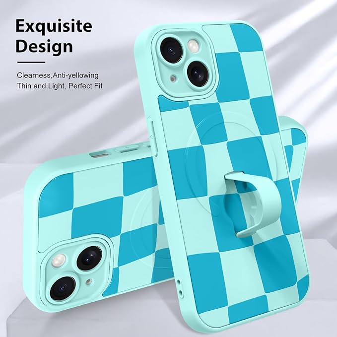 KANGHAR Compatible with iPhone 15 Case, Support for MagSafe, Silicone Checkered Cute Pattern, Wristband Kickstand Camera Protection Soft Slim Cover for Girls Women -Blue