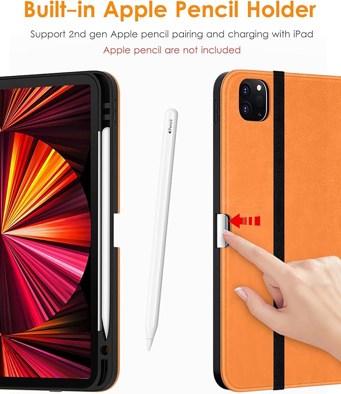 DTTO Case for iPad Pro 11 Inch 4th / 3rd / 2nd / 1st Generation 2022/2021/2020/2018,Premium PU Leather Folio Stand Cover with Hand Strap, Auto Wake/Sleep,Multiple Viewing Angles, Orange