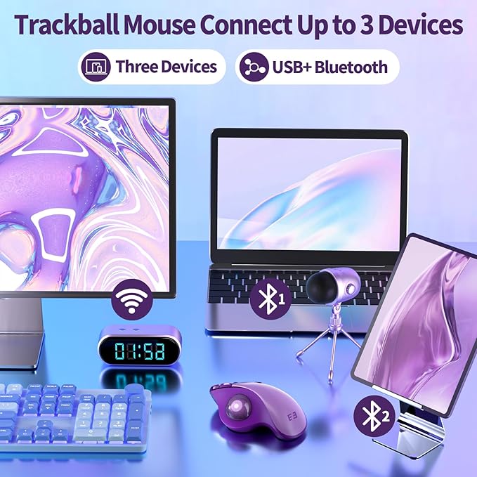 seenda Wireless Trackball Mouse, Ergonomic Bluetooth Rollerball Mouse Rechargeable, 3 Device Connection Optical Mice Adjustable DPI Thumb Control Mice Compatible for PC/Laptop/Windows/Mac - Purple