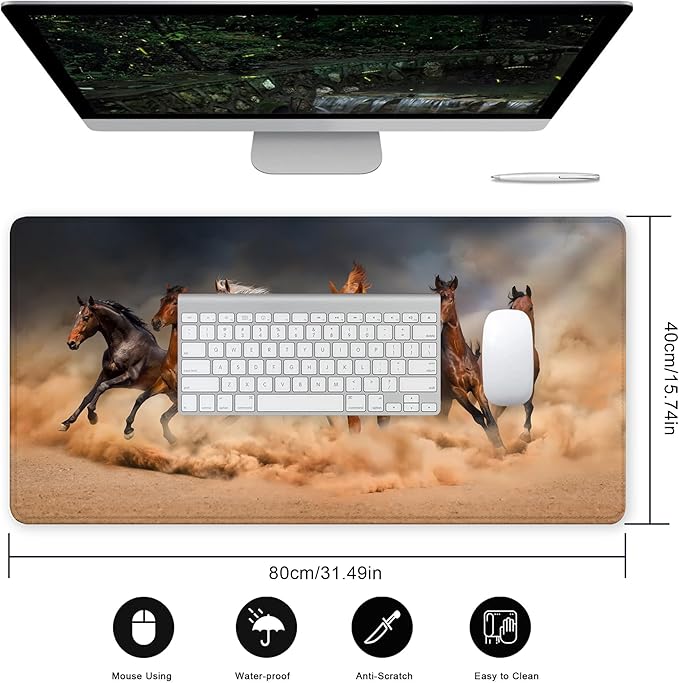 Horse Herd Run in Desert Desk Mat for Desktop,Extended Gaming Mouse Pad,Non-Slip Rubber Base Mousepad with Stitched Edges for Office Home Desk Decor,31.5X15.7 Inch