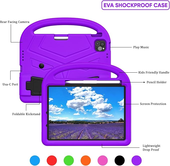 Kids Case for Apple iPad Air 11 inch M3/M2 & iPad Pro 11 inch M5/M4 (2025/2024) with Pencil Holder/Handle/Kickstand Lightweight Soft EVA Foam Shockproof Stand Girls Boys Cover, Purple Bird