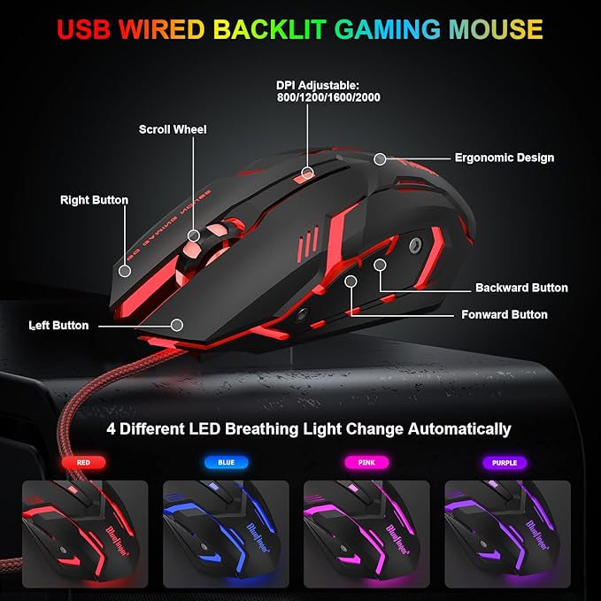 BlueFinger RGB Gaming Keyboard and Backlit Mouse Combo, USB Wired, LED Gaming Set for Laptop PC Computer Game and Work(Black & Gray)