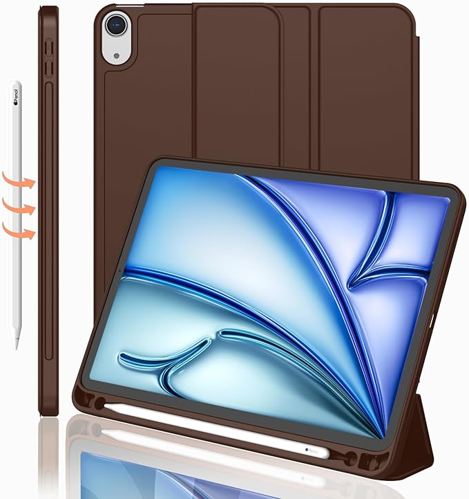 iMieet iPad Air 11 Inch Case M4/M3/M2(2026/2025/2024), iPad Air 5th/4th Generation Case 2022/2020 10.9 Inch with Pencil Holder,Trifold Stand Smart Case with Soft TPU Back(Chocolate)