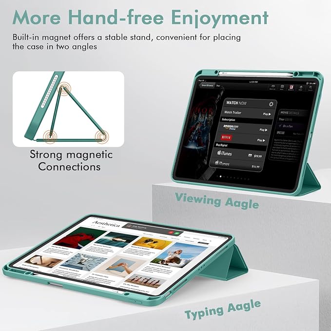 ZryXal New iPad Air 13 Inch Case M3 2025/M2 2024 with Pencil Holder, Trifold Stand Smart Case with Soft TPU Back,Auto Wake/Sleep(Forest Green)