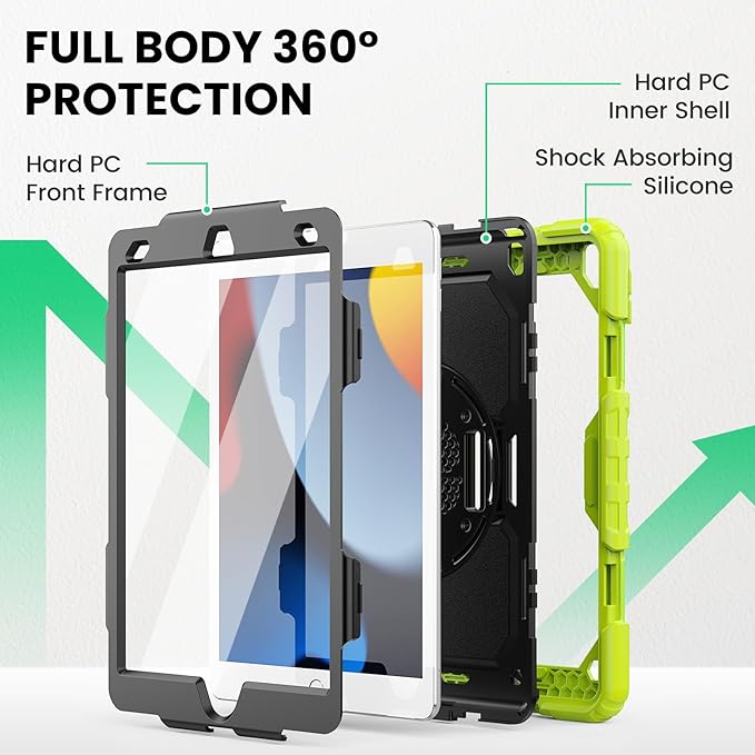 SEYMAC Case for iPad 9th/8th/7th Generation 10.2 inch 2021-2019, Heavy Duty Protective Shockproof Case with Screen Protector, Rotating Stand/Handle/Shoulder Strap for iPad 10.2, Green