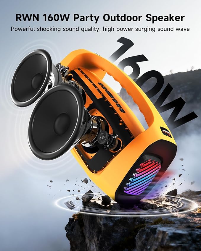 RWN Outdoor Bluetooth Speaker: 160W Loud Sound, IP67 Waterproof with 24H Playtime, Fast Charge, Bass, TWS, Portable Wireless Speakers with Light Show for House, Party, Projector, Beach (Yellow+Black)