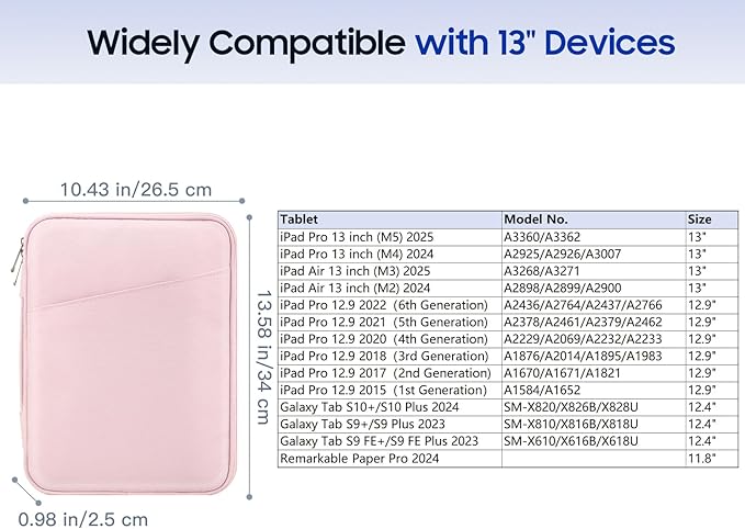 TiMOVO 13 Inch Tablet Sleeve for iPad Air 13" M3 2025, iPad Pro 13"/12.9", Galaxy Tab S9/S10 Plus/S9 FE+ 12.4", Remarkable Paper Pro 11.8", Protective Bag with Pockets, Pink