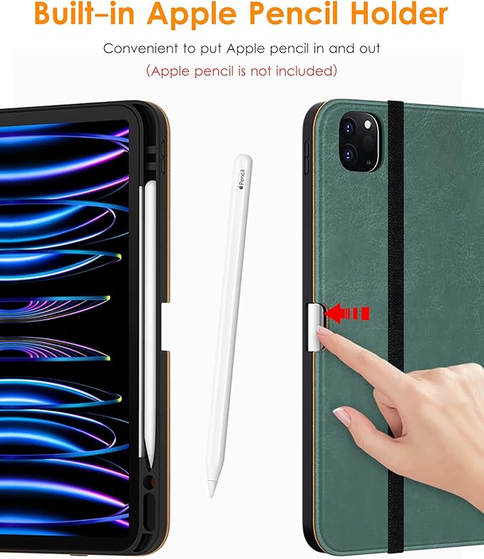 DTTO for iPad Pro 12.9 6th / 5th / 4th / 3rd Generation Case 2022/2021/2020/2018, Leather Folio Stand Cover with Built-in Apple Pencil Holder -Auto Wake/Sleep and Multi Viewing Angles, Pine Green