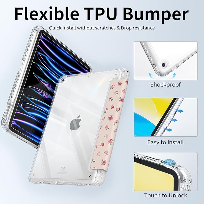 Case for iPad 10.2-inch 9th Generation (2021)/ 8th Generation (2020)/ 7th Gen (2020), Protective Slim Clear Back Cover with Pencil Holder, Trifold Sturdy Stand, Pink Ditsy Floral