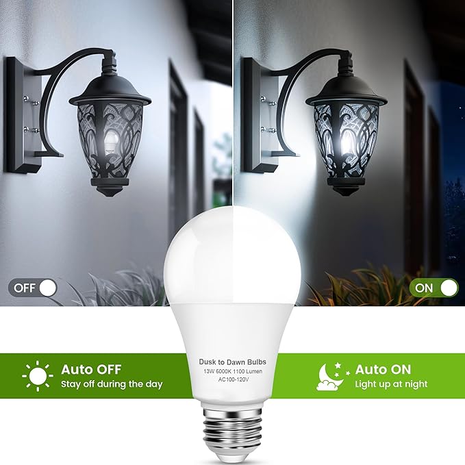 OHLUX Dusk to Dawn Outdoor Light Bulb, 13W 60W Equivalent Energy Saving A19 E26 Led Bulb, 5000K Cool White Smart Automatic On Off Photocell Sensor, 1100LM, 3 Pack
