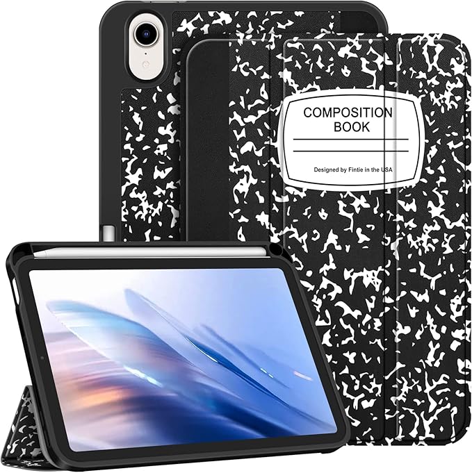 Fintie SlimShell Case for iPad Mini 7 (A17 Pro, 7th Generation) 2024 / iPad Mini 6 (6th Gen) 8.3 Inch - [Built-in Pencil Holder] Soft TPU Protective Stand Back Cover, Composition Book
