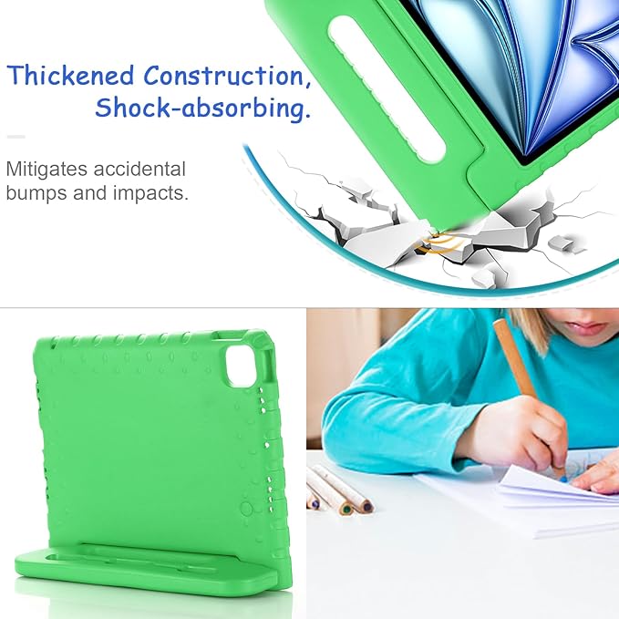 Kids Case for iPad Pro 11" M5/M4 & iPad Air 11" (2026/2025/2024) Shockproof Case with Pencil Holder, Techcircle Light EVA Foam Handle Stand Bumper Protective Child Friendly Drop Proof Cover, Green