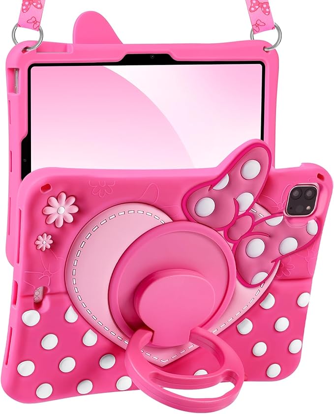 Boaretiu Kids Case for iPad Air 11" (Air M4 2026, 8th Gen/M3 2025/M2)/Air 5th/4th Generation 10.9"/Pro 11" 4th/3rd/2nd/1st - Cute Girly Cartoon Silicone Cover with Strap Stand for Girls, Bow Heart