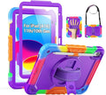 SEYMAC Case for iPad (A16) 11th/10th Generation 2025/2022 (11″/10.9″), Heavy Duty Full-Body Shockproof Protective Case with Screen Protector, Rotating Stand, Hand/Shoulder Strap, Colorful/Purple