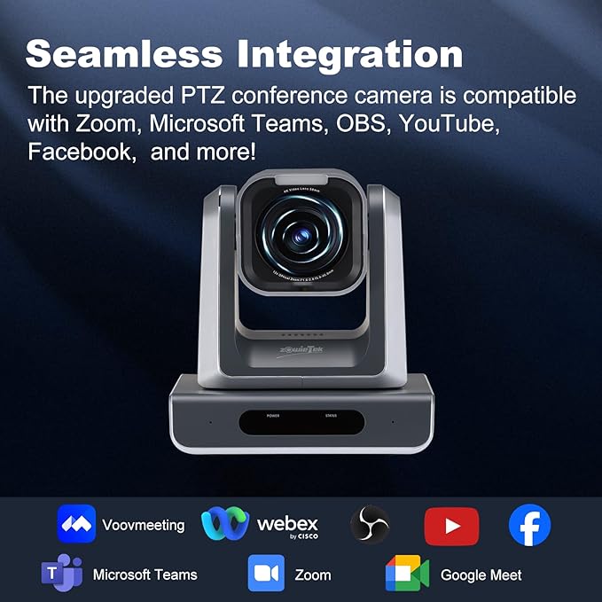zowietek 4K PTZ Conference Camera, ZowiePTZ, Ergo-Ease Remote Control, ZowieX APP Manager, 12X Optical+12X Digital Zoom, Wide Angle, HDMI/USB, RTSP/RTMP(s)/SRT Stream, Meeting, Event, Teaching
