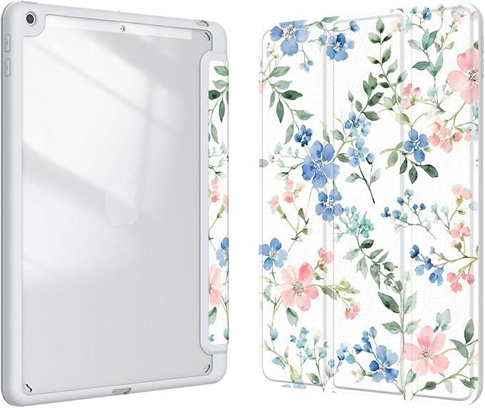 Case for iPad 9th / 8th / 7th Generation (2021/2020/2019) 10.2 inch, Case with Pencil Holder, Stand Clear Back Cover Cute Cool Design for Women Girls, Auto Sleep/Wake, Blue Pink Flower