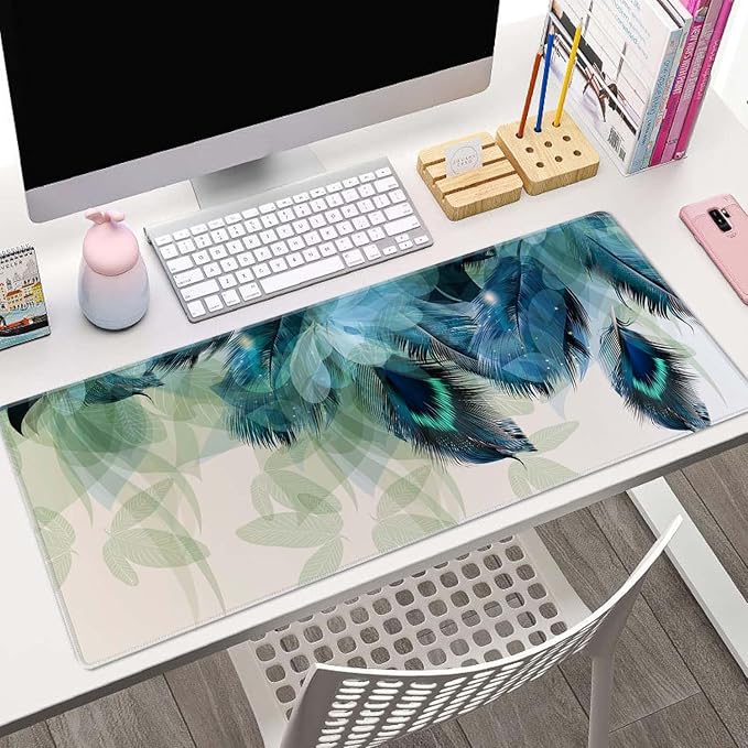 Large Gaming Mouse Pad with Stitched Edges, Desk Pad Extended Keyboard Mat, Non-Slip Rubber Base Mousepads for Laptop, Office, Home, 31.5X11.8 inch Watercolor Peacock Feather