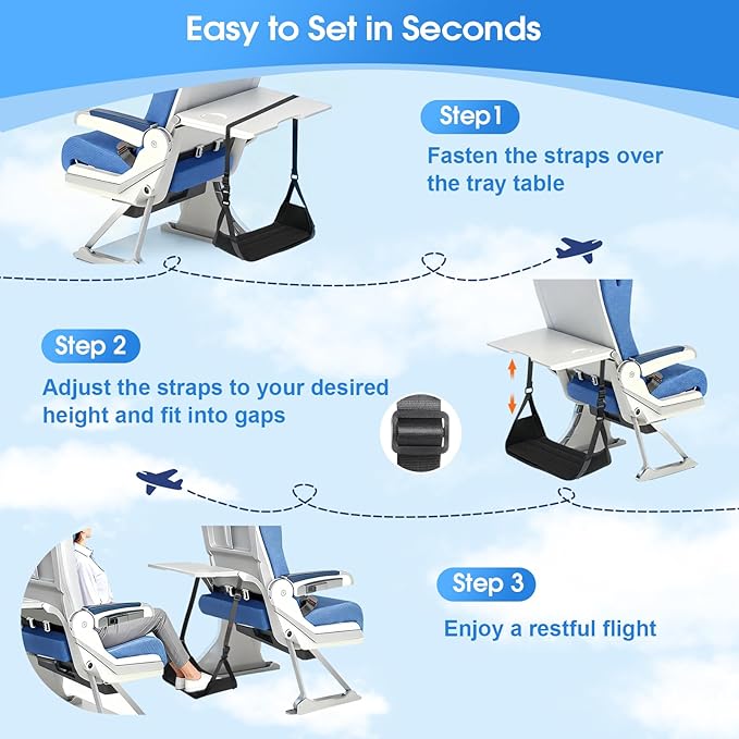 2 Pack Airplane Foot Rest - Lightweight Foot Hammock for Plane Travel with Adjustable Strap & Thick Board, Tray Table Under Desk Footrest to Relax Feet, Travel Essentials for Long Flights(Black)