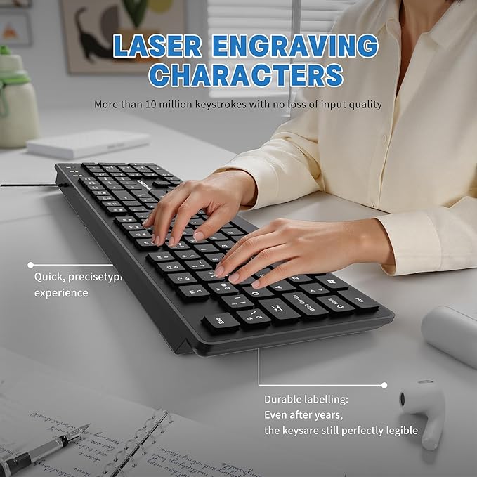 Spanish Keyboard USB Wired - 105 Keys QWERTY ANSI Layout with Ñ Accent Letters, Not fading, Full-Size Teclado Español with Numpad for Typing,Office,Customer Service,PC,Laptop,Desktop - Plug and Play