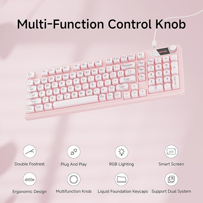 EWEADN V102 Wired Keyboard, 98 Keys Creamy Gaming Keyboard with Number Pad, Display Screen & Media Knob RGB Silent Wired Cute Computer Keyboard for Laptop PC Gamer - Pink