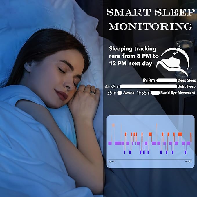 Smart Health Ring for Women Men Fitness Tracker with Heart Rate, Blood Oxygen, Blood Pressure, Sleep Monitoring, Step Counting, IP68 Waterproof for iOS and Android, No APP Fee, Black 9