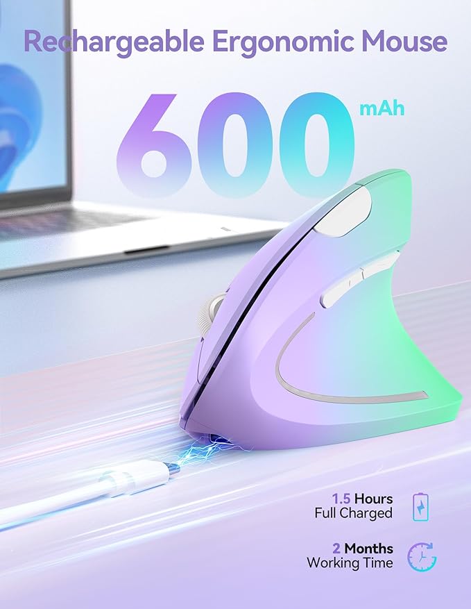 TECKNET Ergonomic Mouse, Wireless Rechargeable Vertical Mouse for Carpal Tunnel Right Hand, 4800 DPI 5 Adjustable Levels 2.4GHz with USB-A Receiver, Silent Click, for Laptop, PC, MacBook, Desktop