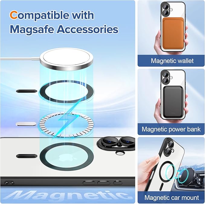 Hython Magnetic Clear for iPhone 16 Case with Camera Lens Protector [Compatible with MagSafe] Luxury Plating Edge Slim Soft TPU Cover Protective Phone Case for iPhone 16 6.1", Matte Black