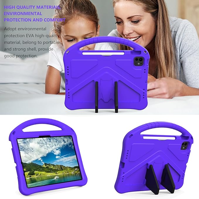 Kids Case for iPad Pro 11-Inch 2022/2021/2020/2018 (4th/3rd/2nd/1st Generation) & iPad Air 5th/4th Gen Case 2022/2020 10.9" with Kickstand/Handle/Pencil Holder Stand Girl Boy Cover, Purple