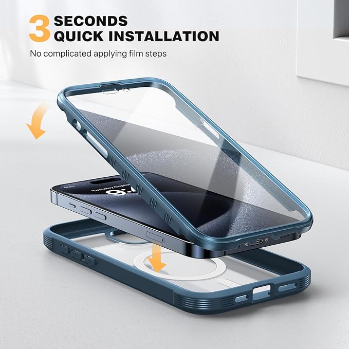 Diaclara Magnetic for iPhone 15 Pro Case, [Military-Grade Drop Proof & Fit for MagSafe] Built-in Shockproof Screen Protector, [Camera Lens Protector] Phone Cover for iPhone 15 Pro 6.1"(Deep Blue)