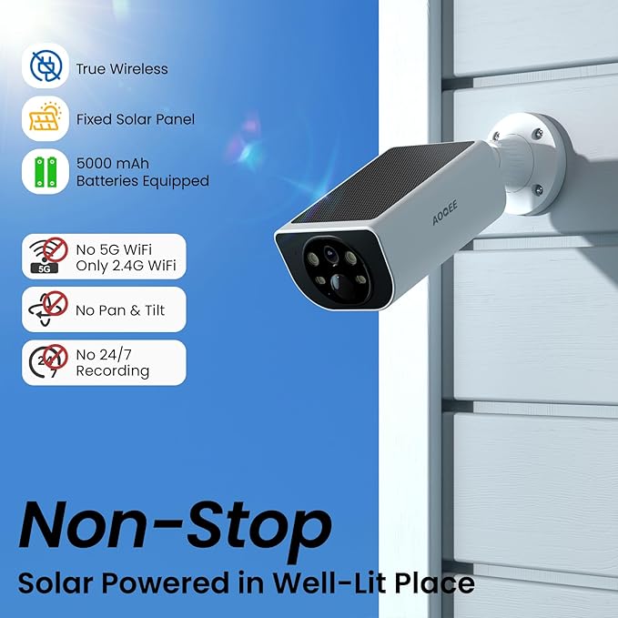 AOQEE Cameras for Home Security-2K Wireless Security Camera Outdoor with AI Motion Detection & Siren, Non-Stop Solar Powered Charging, Color Night Vision, SD/Cloud Storage, Waterproof, S1 4P