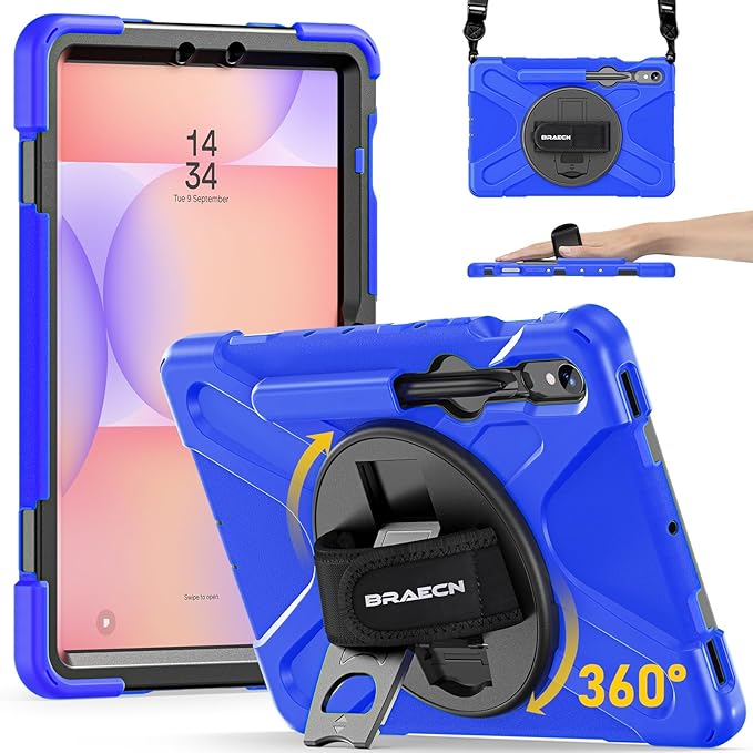 BRAECN Case for Samsung Galaxy Tab S10 Lite/S10 FE/S9 FE 5G 10.9"& S9/S8/S7 11",Heavy Duty Shockproof Silicone Cover with 360 Rotating Stand &Hand Strap, Kickstand, Shoulder Strap, S Pen Holder