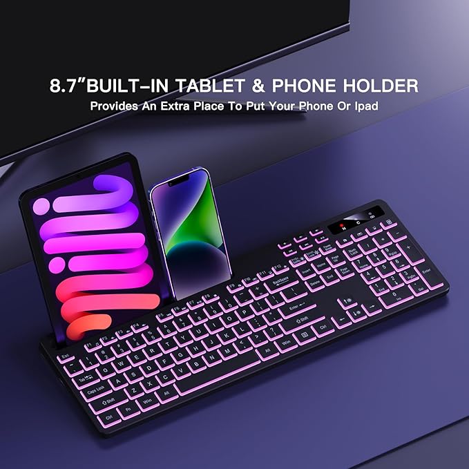 Soueto Wireless Keyboard with 7-Color RGB Backlit, Full-Size Computer Keyboard with Phone Tablet Holder, 2.4G Rechargeable Gaming Keyboard with Light Up Keys, Compatible with Mac, Windows (Black)