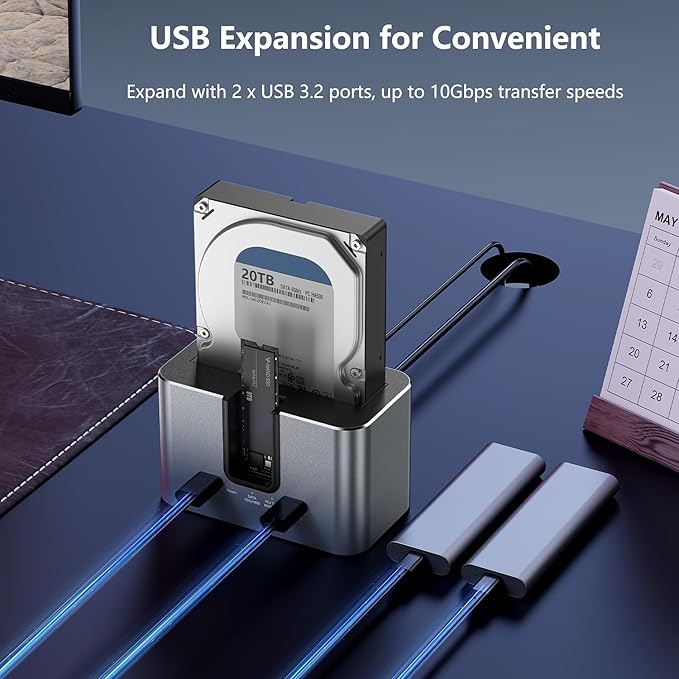 SATA & M.2 NVMe Hard Drive Docking Station for 2.5 & 3.5 inch SATA HDD/SSD and M.2 NVMe SSD, USB 3.2 10Gbps Transfer Rate, Up to 28TB, 2-Bay