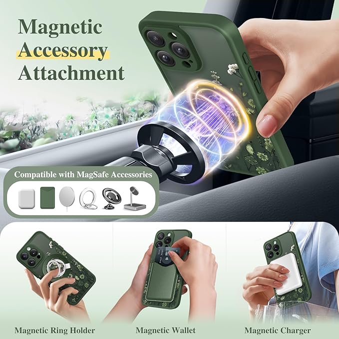 GVIEWIN for iPhone 16 Pro Max Case Compatible with MagSafe, [Military Grade Protection] [Screen Protector] Full Camera Protection Floral Translucent Women Magnetic Phone Case, Floratopia/Forest Green