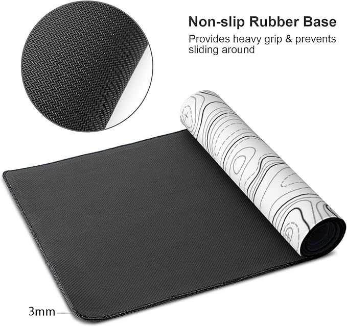 Large Gaming Mouse Pad White Topographic Contour Mouse Pad with Stitched Edges & Nonslip Rubber Base Extended XXL Long Mousepad Big Desk Mat for Company Office Work, 35.4 x 15.7 in