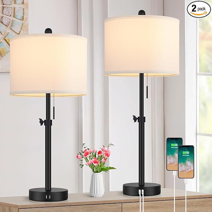 Kondras Table Lamp for Bedroom Set of 2, 23" to 30" Height Adjustable Bedside Lamp with 2 USB Ports, Black Nightstand Lamp with White Shade, Modern Pull Chain Table Lamp for Living Room End Table