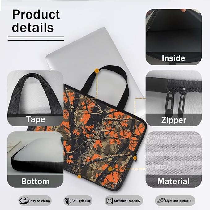 Orange Camo Forest Laptop Sleeve 10 Inch Womens Mens Laptop Tote Bag Waterproof Computer Tablet Handbag Case with Handle Carrying Case Laptop Cover for Travel/Business/School/Office