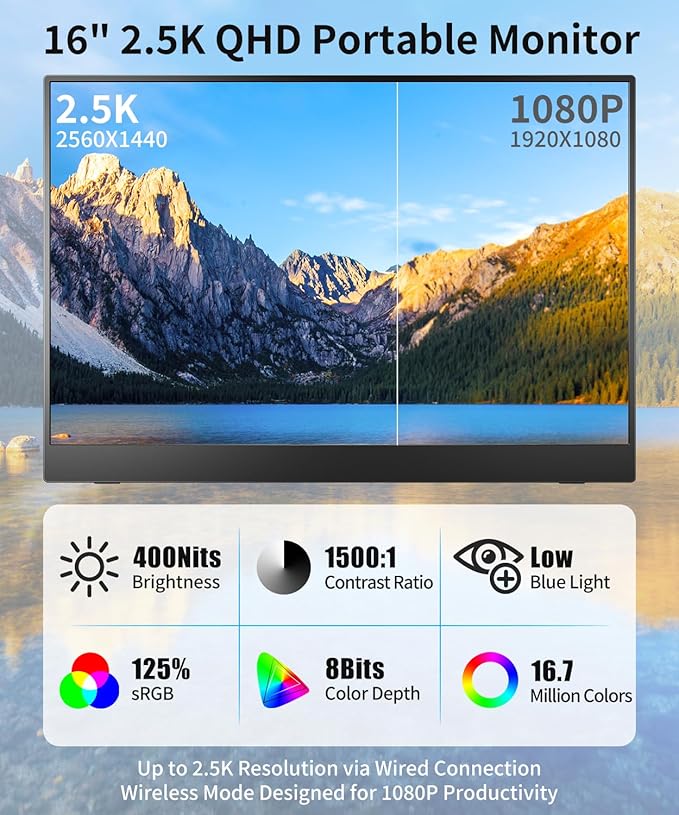 MAGICRAVEN Wireless Portable Monitor with Battery- 16" 2.5K IPS Second Screen for Travel/Office, AirPlay & Miracast Casting, Up to 4 hrs Use, No Cables or Drivers Needed, Works with Laptop/PC/Phone