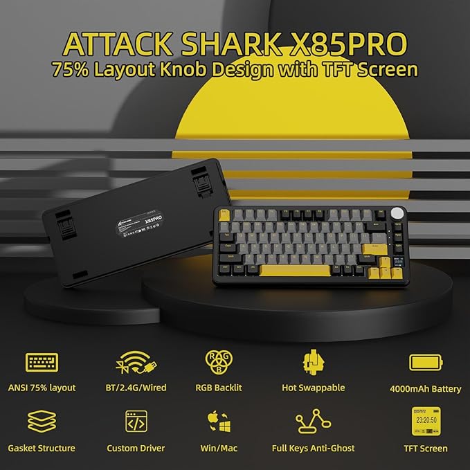 MAGIC-REFINER ATTACK SHARK X85PRO 75% Wireless Mechanical keyboard,TFT Smart Display&Knob,BT/2.4GHz/Wired Custom Gaming Keyboard,Gasket,Hot-Swap,RGB,with Pro Cable&5 Color PBT Keycaps,for PC/MAC,Black