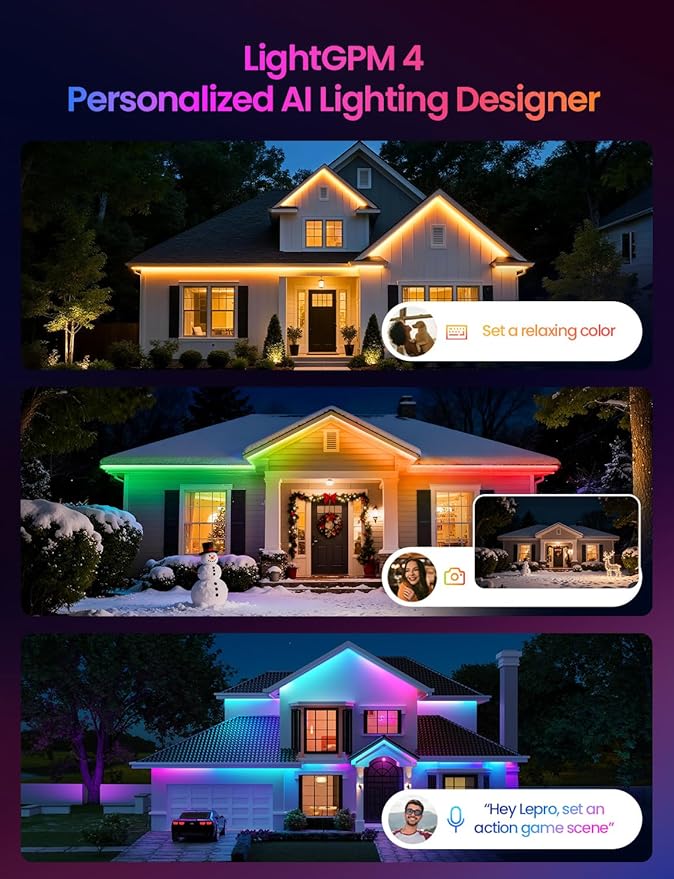 Lepro SW1 AI Smart Outdoor LED Strip Lights - 49.2ft IP65 Waterproof RGBCW Light Strips, 2700K-5700K Tunable Warm White, APP Control(No Remote), 2.4G Wi-Fi Lights for Holiday Decor, House, Porch, Eave