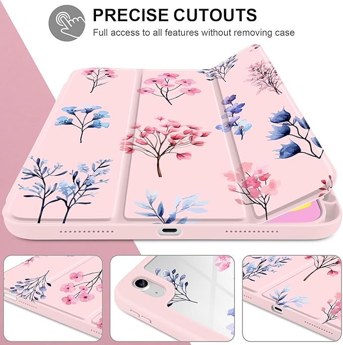 Case for iPad Air 13 inch 2026 M4 2025 M3 2024 M2 Release Slim Shockproof Cute Light Pink Cover with Clear Back TPU Edge Pencil Holder Trifold Stand Auto Wake Sleep, Hand-Drawn Florals