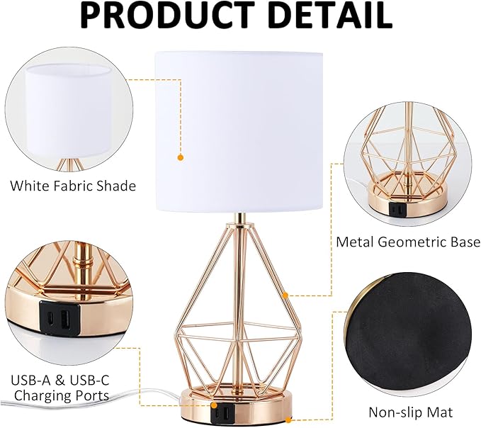 Table Lamp with USB Port, 3 Way Dimmable Touch Lamps for Nightstand, Modern Small Bedside Lamp with Fabric Shade, Gold Side Table Lamp for Bedroom Living Room, USB A & C, LED Bulb Included