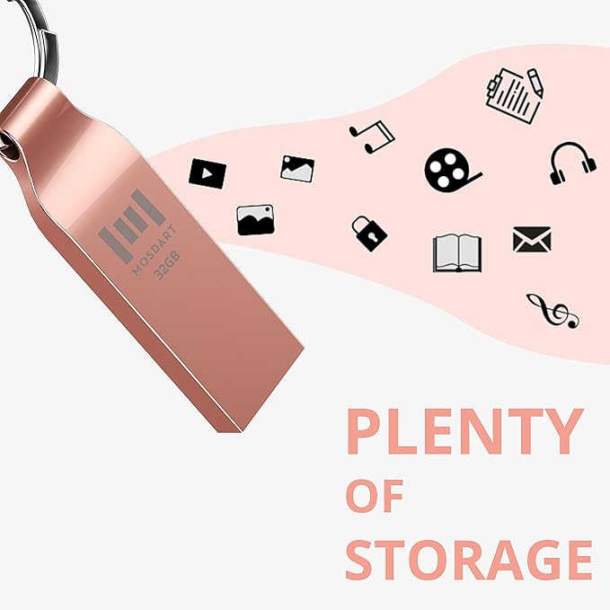 MOSDART Waterproof 32GB USB2.0 Flash Drive, FAT32 Metal Memory Stick with Keychain, for System Back, Data Storage, Rose Gold(Pack of 2)
