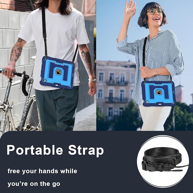 Kids Friendly Case for iPad Air 11 Inch M4 M3 M2 2026/2025/2024 Case with Pencil Holder & Shoulder Strap, Military Grade Shockproof Kickstand Hard Shell Protective Cover,Blue