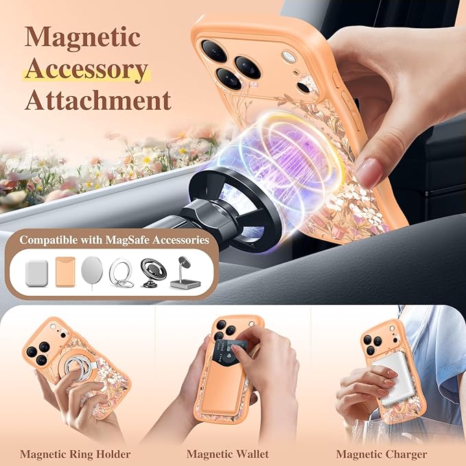 GVIEWIN for iPhone 17 Pro Case Compatible with MagSafe [Curly Wave Edge][Full Camera Protection] Floral Translucent Shockproof Magnetic Women Phone Case for iPhone 17 Pro 6.3'', Campanula/Orange