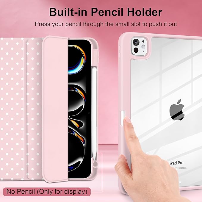 Case for iPad Pro 13 Inch (M5 2025 M4 2024) – [Built-in Pencil Holder], Shockproof & Stylish, Clear Hard Back + Soft TPU Edge, Magnetic Trifold Stand, Auto Wake/Sleep, Pink White dot