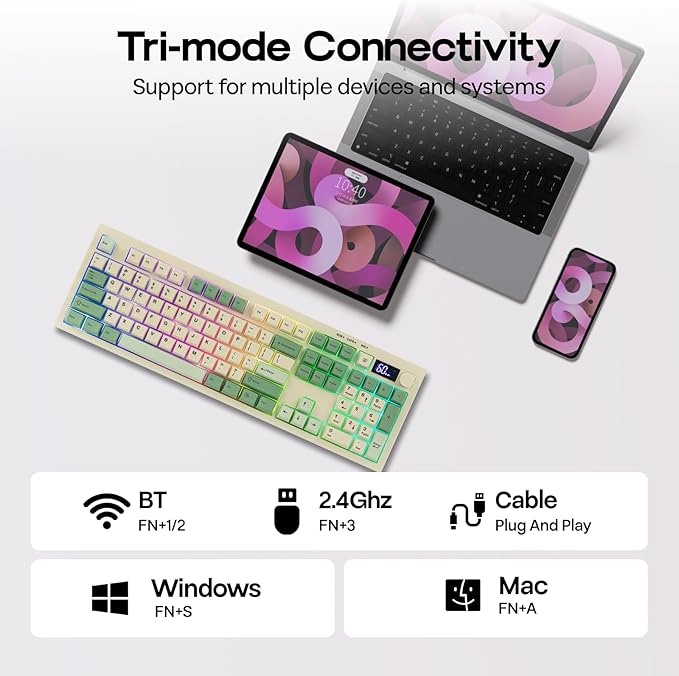EPOMAKER Aula S102 PRO Membrane Gaming Keyboard with TFT Screen, Volume Knob & Number Pad, BT/2.4G/USB, RGB Backlit, Creamy Silicone Structure, Silent Keyboard for PC Game/Office (Yellow)