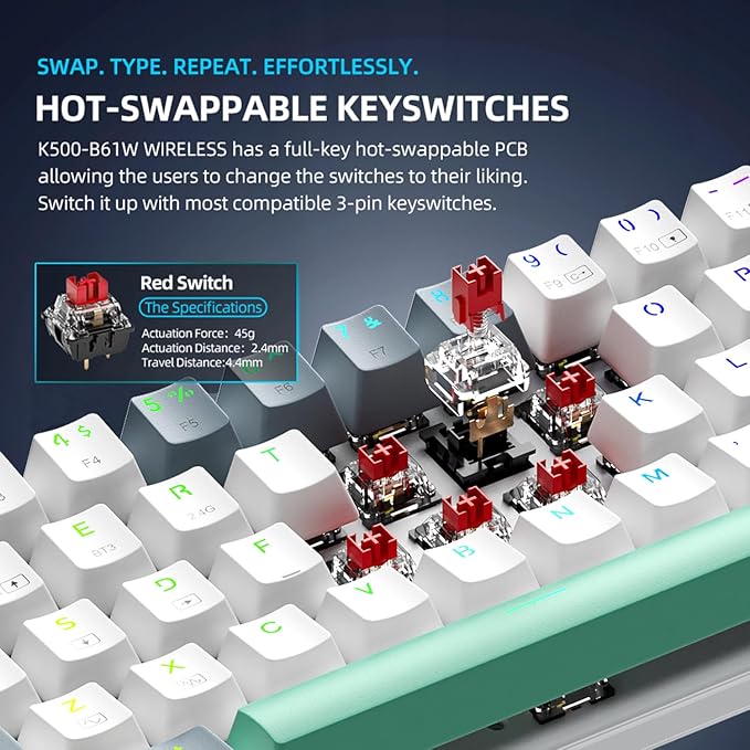 Machenike K500A-B61W 60% Mechanical Wireless Gaming Keyboard, 61 Keys Ultra-Compact Hot Swappable Linear Red Switch, Dynamic RGB Backlit, Anti-Ghosting, Double-Shot PBT Keycaps, Win/Mac, White