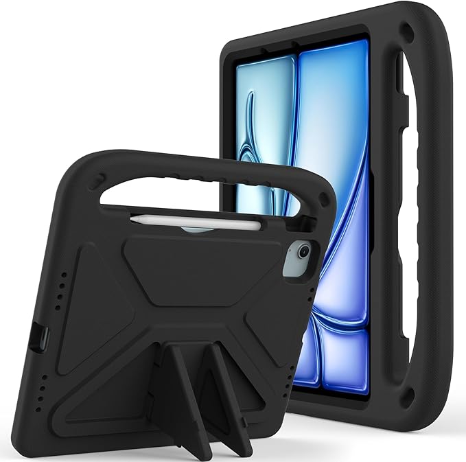 Kids Case for iPad Pro 11 Inch (M5) 2025/ (M4) 2024, with Pencil Holder/Kickstand/Handle Stand Lightweight Cute Soft EVA Shockproof Silicone Anti-Slip Grip Rugged Girls Boys Cover, Black